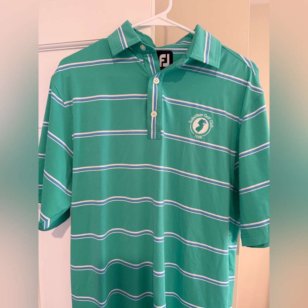 FootJoy Teal & White Striped Golf Polo with Suburban Golf Club Patch